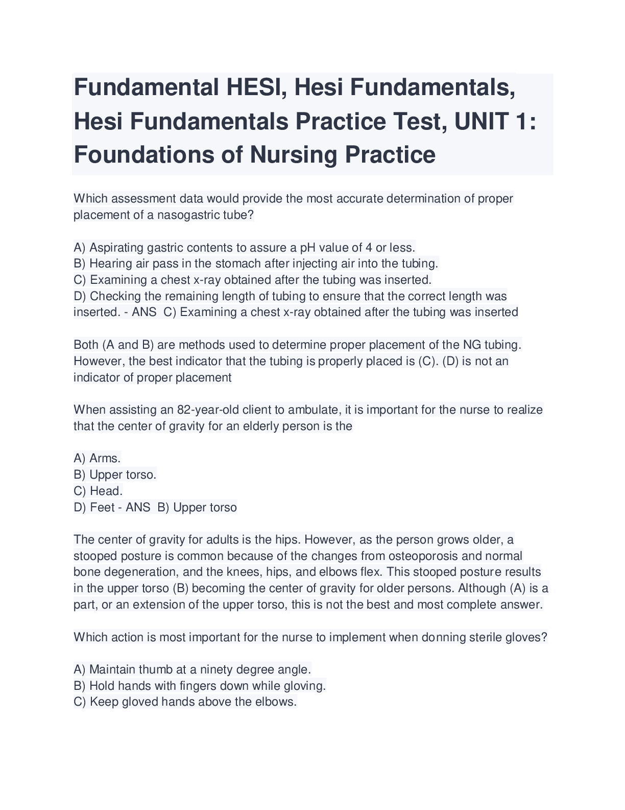 Preview image for Fundamental Nursing_knowledge_Assessment_Practice_Exam, Hesi Fundamentals, Hesi Fundamentals Practice Test, UNIT 1: Foundations of Nursing Practice